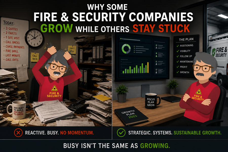 Why Some Fire & Security Companies Grow While Others Stay Stuck 1 how to grow a fire and security company the right way - Split image contrasting a reactive fire and security business owner with an overwhelmed desk against a strategic owner with a growth plan