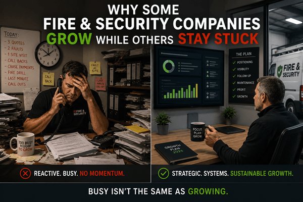 Why Some Fire & Security Companies Grow While Others Stay Stuck 1 Split image contrasting a reactive fire and security business owner with an overwhelmed desk against a strategic owner with a growth plan — showing how to grow a fire and security company the right way