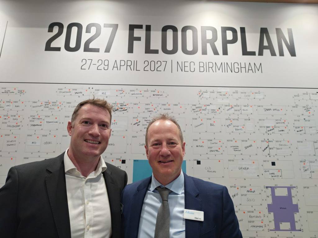 Marketing for Certified Fire & Security Companies at The Security Event 2027 1 Peter Poole and Tristan Norman of Nineteen Group with the floor plan for The Security Event 2027