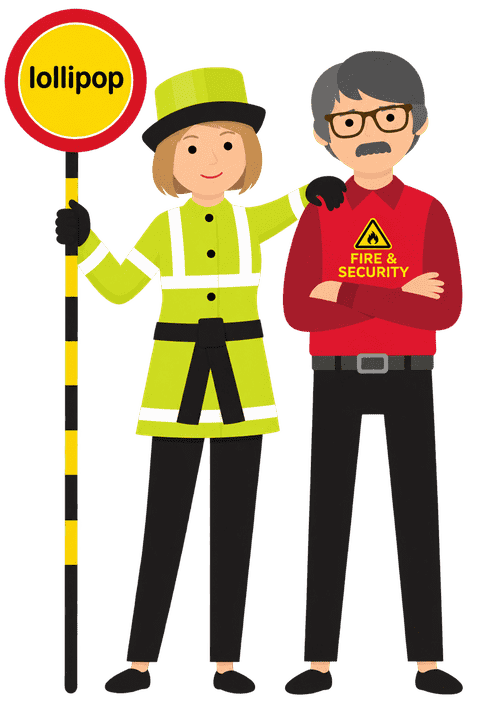 fire and security marketing for third party certified companies Lollipop lady with her hand on the shoulder of a Fire & Security engineer