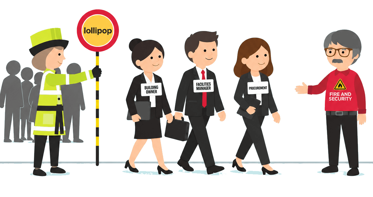 Lollipop lady stopping traffic so facilities managers, procurement, finance directors and building owners can reach a Fire & Security engineer