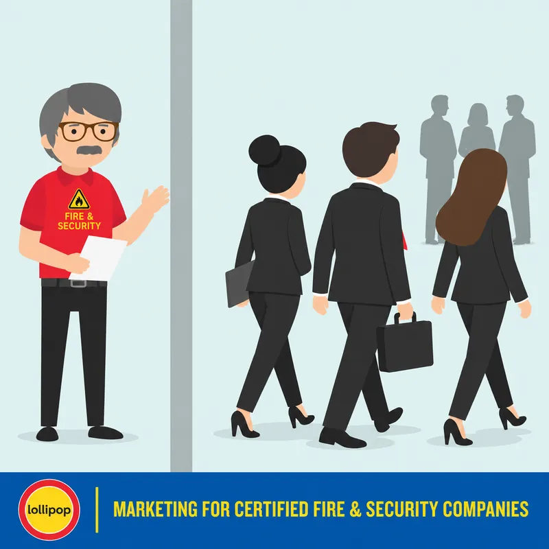 Who Really Makes the Fire & Security Buying Decision? 2 Fire and security installer on one side of a partition holding a proposal while three business people walk away towards a meeting