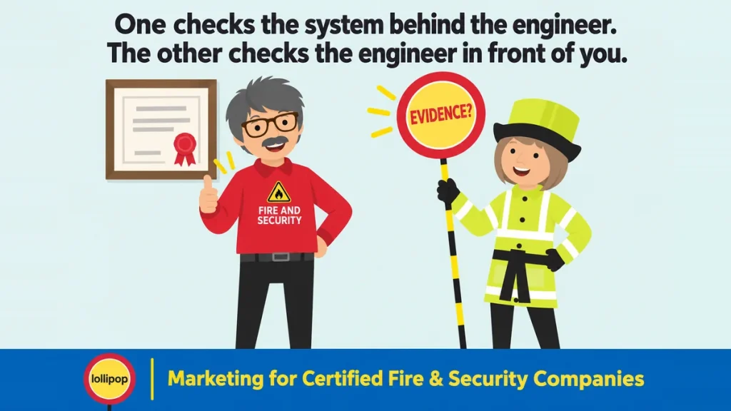 Alt text: Cartoon fire and security engineer beside a framed certificate while a lollipop lady holds a sign reading Evidence?, showing that company certification and individual engineer evidence answer different questions