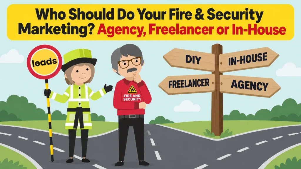 agency vs in-house marketing for fire & security. Cartoon of the Lollipop lady holding a "leads" sign beside a Fire & Security director at a junction signposted DIY, In-House, Freelancer and Agency