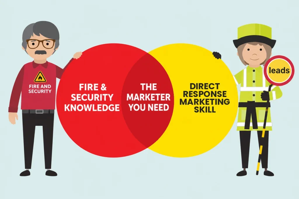 Venn diagram showing Fire & Security knowledge and direct response marketing skill overlapping to make the marketer you need, with the Fire & Security man and the Lollipop lady holding one circle each