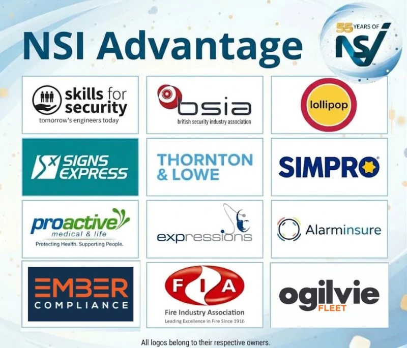 NSI Advantage partners - 55 years of the NSI sees it partner with other companies showing their logos to give something back to its Fire & Security members